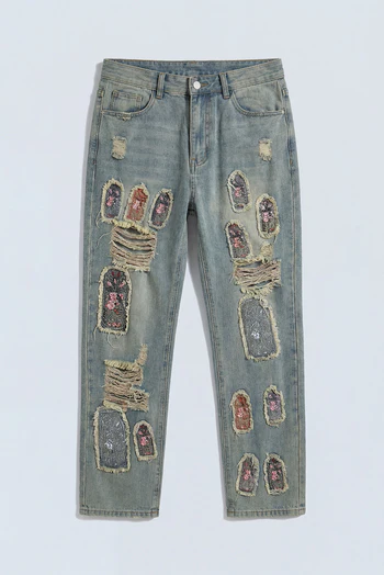 Relaxed Straight Holy Windows Patched Distressed Jean - Vintage Blue Wash