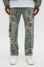 Relaxed Straight Holy Windows Patched Distressed Jean - Vintage Blue Wash - Image 2