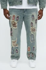 Relaxed Straight Holy Windows Patched Distressed Jean - Vintage Blue Wash - Image 6